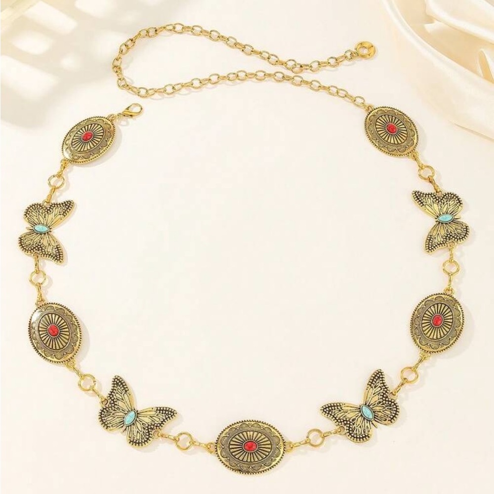 Free People Gold Butterfly & Medallion Chain Belt with Red and Turquoise Accents